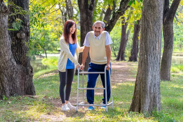 Genç Asyalı kadın bakıcı yaşlı babaya yardım ediyor ve destek oluyor. Walker 'la parkta yürüyor, yaşlı rehabilitasyonu, sağlık hizmetleri...
