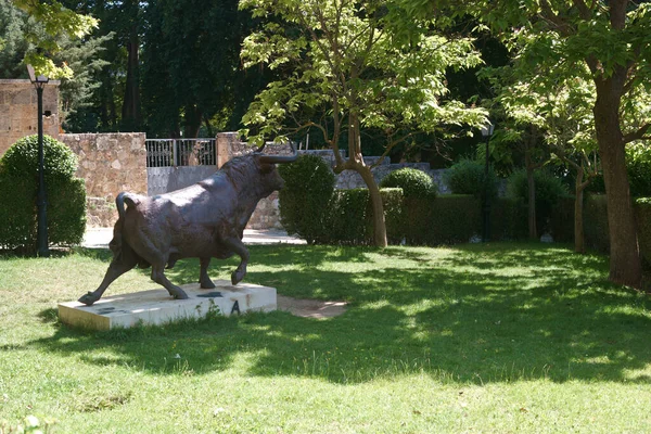 Býk Zvíře Socha Hnědý Španělsko Tráva Venkovní Umění — Stock fotografie