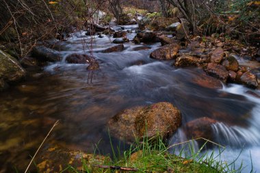 Nehir nehri doğası Navacerrada Madrid madrid su taşı dağları manzarayı sonbaharda gösterir
