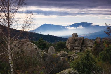 Dağlar doğa manzarası ağaçlar kayalar Navacerrada Madde Taşları sonbahar doğa
