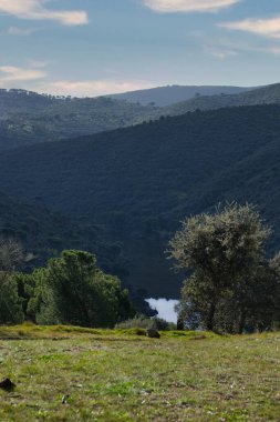 İspanya 'da Madrid yakınlarındaki dağların Pelayos de la Ptesa köyü yakınlarındaki dağ manzarası