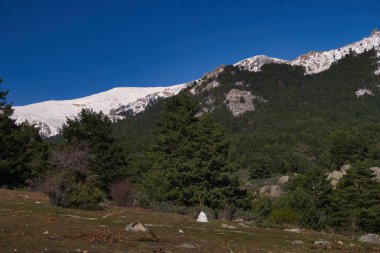 Madrid, İspanya yakınlarındaki Sierra de Guadarrama dağlarında kış manzarası