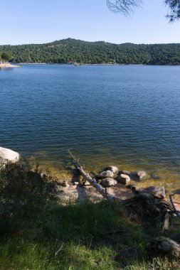 Güneşli bir günde Madrid yakınlarında İspanya 'da bir dağ gölü baharı manzarası