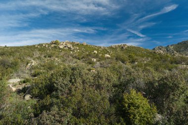 Madrid yakınlarında güneşli bir günde bahar dağı manzarası.