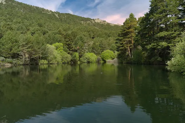 Madrid yakınlarında güneşli bir günde bahar dağı manzarası.