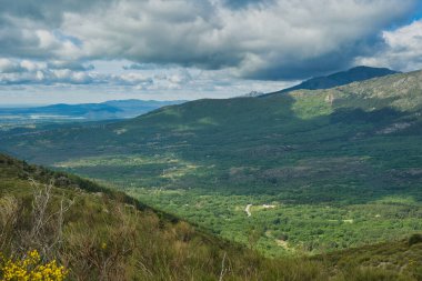 Bahar dağı manzarası güneşli bir günde Madrid yakınlarındaki Sierra de Guadarrama dağlarında.