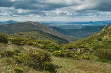 Bahar dağı manzarası güneşli bir günde Madrid yakınlarındaki Sierra de Guadarrama dağlarında.