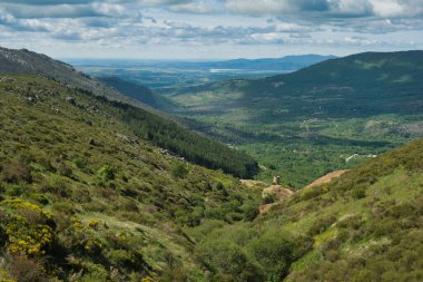 Bahar dağı manzarası güneşli bir günde Madrid yakınlarındaki Sierra de Guadarrama dağlarında.