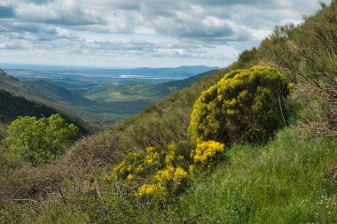 Bahar dağı manzarası güneşli bir günde Madrid yakınlarındaki Sierra de Guadarrama dağlarında.