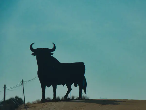 İspanya 'da bir otoyolda mavi gökyüzüne karşı bir boğa heykeli.