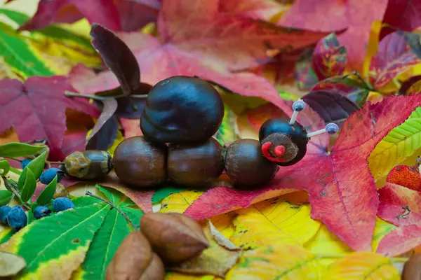Kestaneden yapılmış sonbahar heykelcikleri güzel bir pastel arka planda