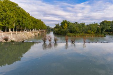 İspanya 'nın Aranjuez şehrinde sonbaharda Rio Ebro Nehri manzarası