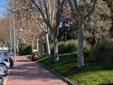 Çim biçme makinesiyle çimleri biçen bir bahçıvan.