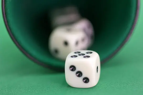 Puantiyeli küpler bir bardaktan çıkıp canlı yeşil keçeli bir yüzeye döküldü. Arkadaşlarla arkadaşça bir oyun gecesinde heyecan ve beklentinin sinyalini verdiler..