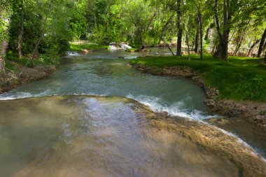 Huzurlu bir nehir, kayaların üzerinden akan yumuşak suyla canlı yeşillikler arasında süzülür. Güneş ışığı ağaçların arasından süzülüp doğada sakin bir atmosfer yaratır..