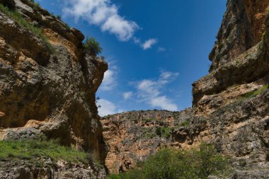 Sersemletici bir kanyon manzarası açık mavi gökyüzünün altında yüksek kaya oluşumlarını ve canlı yeşillikleri ortaya çıkarır. Gün ortası güneş ışığı kayalıkların engebeli dokusunu güçlendiriyor ve sakin bir atmosfer yaratıyor..