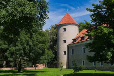Konik çatısı olan tarihi bir kale kulesi açık mavi gökyüzünün altında parlak ağaçlar ve manikürlü çimenler arasında duruyor. Doğanın ve mimarinin güzelliğini gösteriyor..