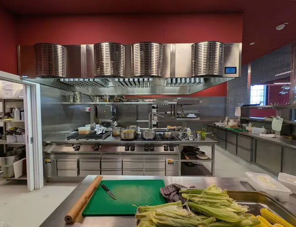 Geniş ve iyi donanımlı mutfak vitrinleri paslanmaz çelik tezgahlar, pişirme aletleri ve yemek hazırlamak için hazırlanmış taze malzemeler. Fırında çeşitli tencere ve tavalar kullanılacak..