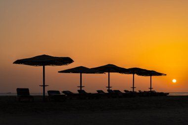 Gün doğumunda El Gouna plajında hasır şemsiyeler. Kızıl Deniz, Mısır