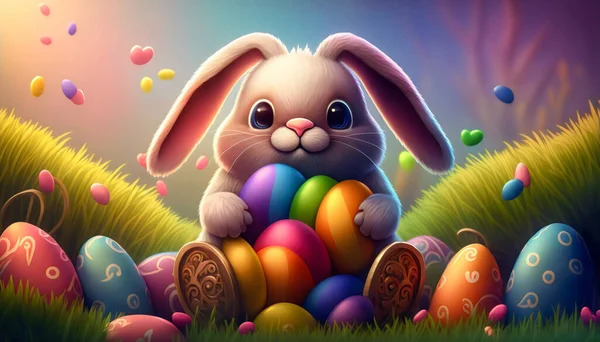 Cute cartoon easter rabbit with colorful easter eggs as easter illustration, 3D-Illustration