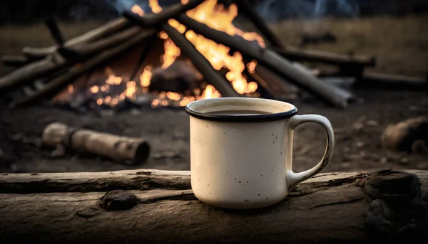 Weiße Emaille Tasse Heißen Dampfenden Kaffee Auf Altem Baumstamm Stockbild