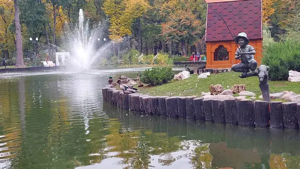 アヒルや噴水のある公園の湖 — ストック写真