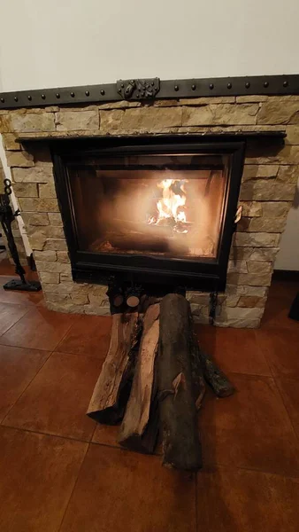 Fireplace and flame with the wood near