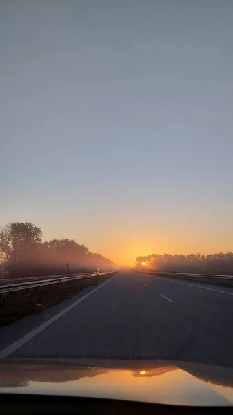 Fog Sunrise Clear Road — Stock Photo, Image
