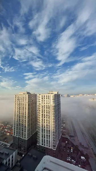 Twin Buildings Fog Dynamic Sky Clouds — Stock Photo, Image