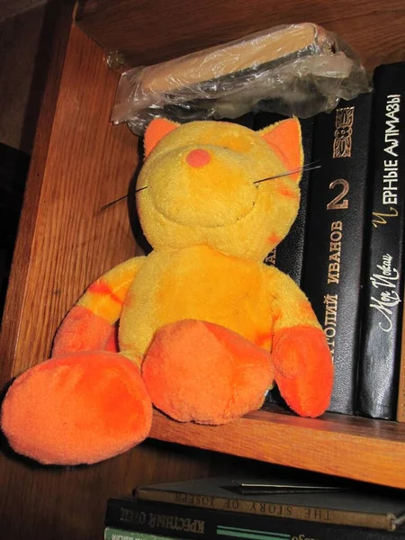 书架上的红猫玩具 — 图库照片