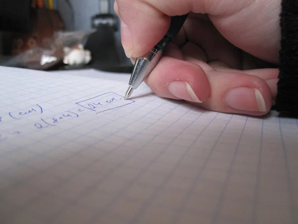 Handwritten Text Notebook Cell Hand Holding Ballpoint Pen — Stock Photo, Image