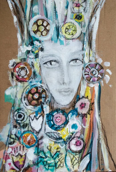 Retrato Una Mujer Rodeada Elementos Pintorescos Flora Sobre Cartón Kraft —  Fotos de Stock