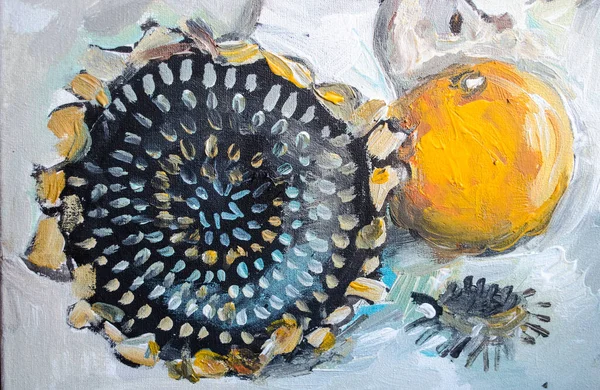 Slunečnice Semínky Dekorativní Malba Fragment Podzimní Zátiší Akrylové Barvy Plátně — Stock fotografie