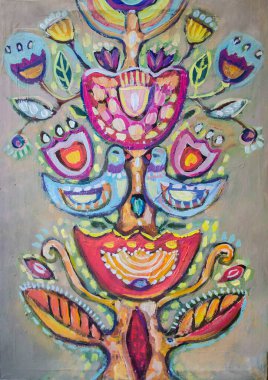 Çiçekler ve kuşlarla Ukrayna usulü dekoratif ağaç. Tasarım için elementler, kartlar, çizimler, el sanatları, sanat, broşür tasarımı. İç dekorasyon.