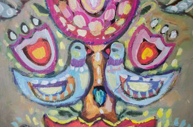 Çiçekler ve kuşlarla Ukrayna usulü dekoratif ağaç. Tasarım için elementler, kartlar, çizimler, el sanatları, sanat, broşür tasarımı. İç dekorasyon.