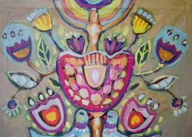 Çiçekler ve kuşlarla Ukrayna usulü dekoratif ağaç. Tasarım için elementler, kartlar, çizimler, el sanatları, sanat, broşür tasarımı. İç dekorasyon.