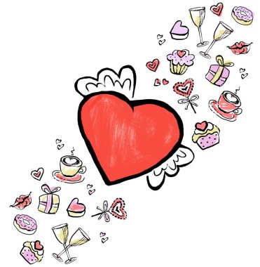 Kırmızı kalp grafik elemanları ile kanatlı. Kartpostal, poster, St. Valentine's Day afiş