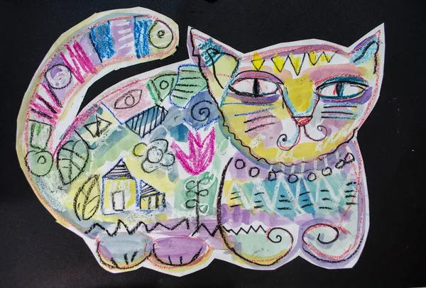 Wiosenny Kot Malowany Akwarelą Pastelem Olejnym Czarnym Tle Rysunek Zwierzaka — Zdjęcie stockowe