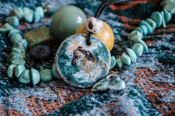 Ceramic Pendant Turquoise Beads Textile Background Handmade Jewelry — Stock Photo, Image