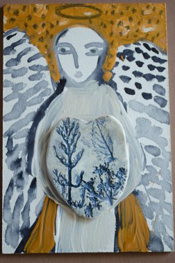 Watercolor and acrylic painting angel with ceramic blue heart with plant texture. Handmade photo. clipart