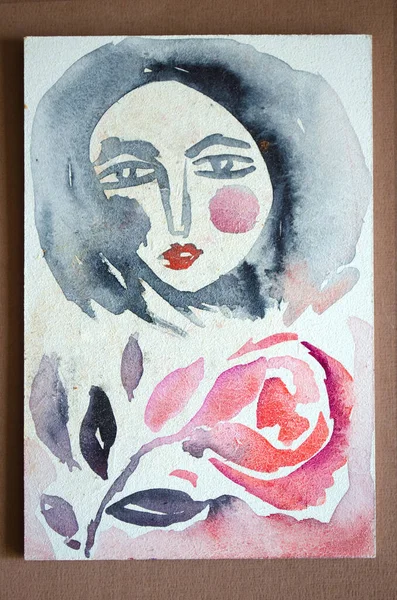 Portrait Aquarelle Une Fille Avec Une Rose Rouge Peinture Facile — Photo