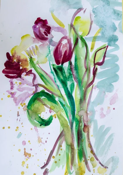 Paars Roze Gele Bloemen Tulpen Aquarel Hand Geschilderd Illustratie Van — Stockfoto