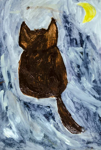 Pisică Uită Lună Desen Siluetă Gri Pictură Acrilică Animală — Fotografie, imagine de stoc