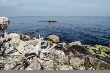 Turkuaz sığ su yüzeyi ve deniz tabanında taşlar. Yüzeysel saydam deniz suyu dipte kayalar var.