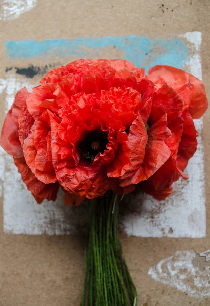 A bouquet of red poppies on a wooden background with elements of painting. Floral photo.