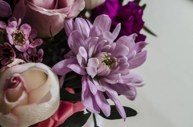 Hassas bahar laleleri, karanfiller, güller ve pembe ve mor renkli kasımpatılar. Anneler Günü için metin içeren fotoğraf