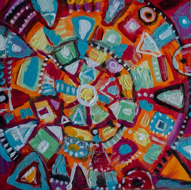 El çizimi akrilik resim. Soyut sanat geçmişi. Tuval üzerinde akrilik bir tablo. Renk dokusu. Sanat eseri mandala, fırça darbeleri. Modern sanat. Çağdaş sanat