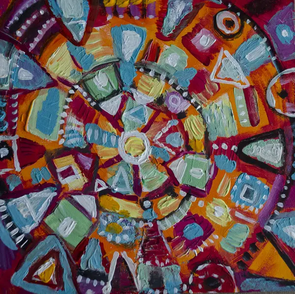 El çizimi akrilik resim. Soyut sanat geçmişi. Tuval üzerinde akrilik bir tablo. Renk dokusu. Sanat eseri mandala, fırça darbeleri. Modern sanat. Çağdaş sanat