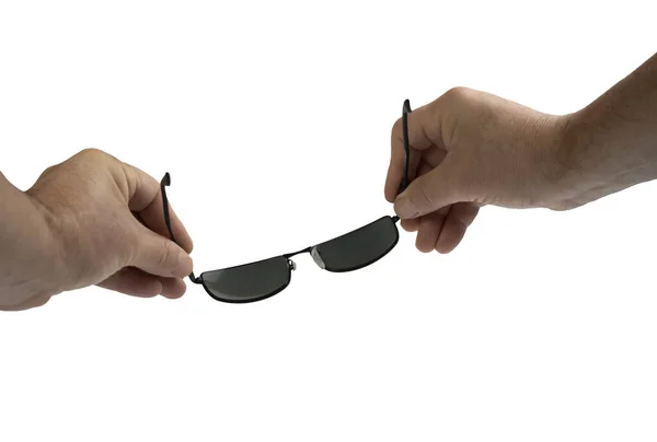 Óculos Sol Nas Mãos Homem Fundo Transparente — Fotografia de Stock