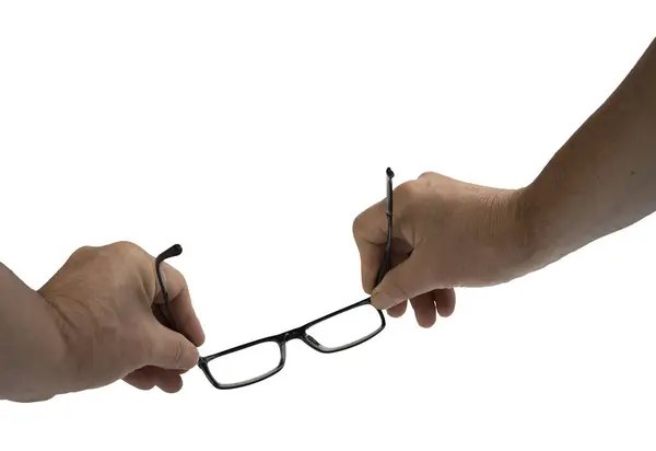 Óculos Nas Mãos Homem Fundo Transparente — Fotografia de Stock